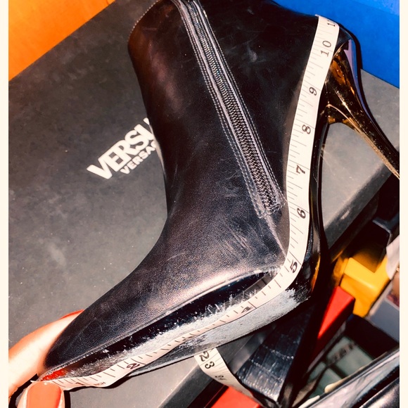 VERSACE Black Leather Booties w/ Logo Pin - Picture 8 of 9